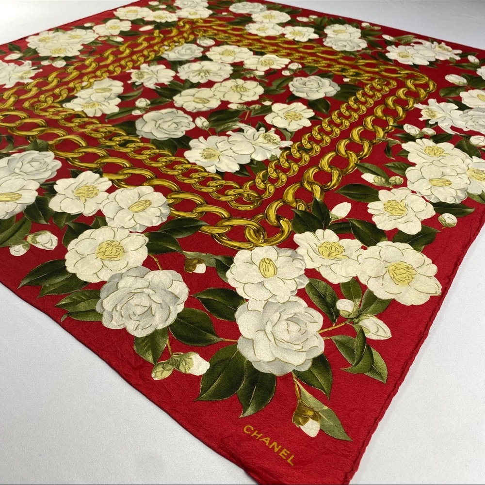 Chanel Red and Gold Floral Silk Scarf - Picture 3 of 7